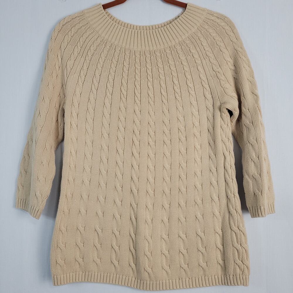 Talbots 3/4 sleeve cable knit cotton sweater size S beige, classic, minimalist